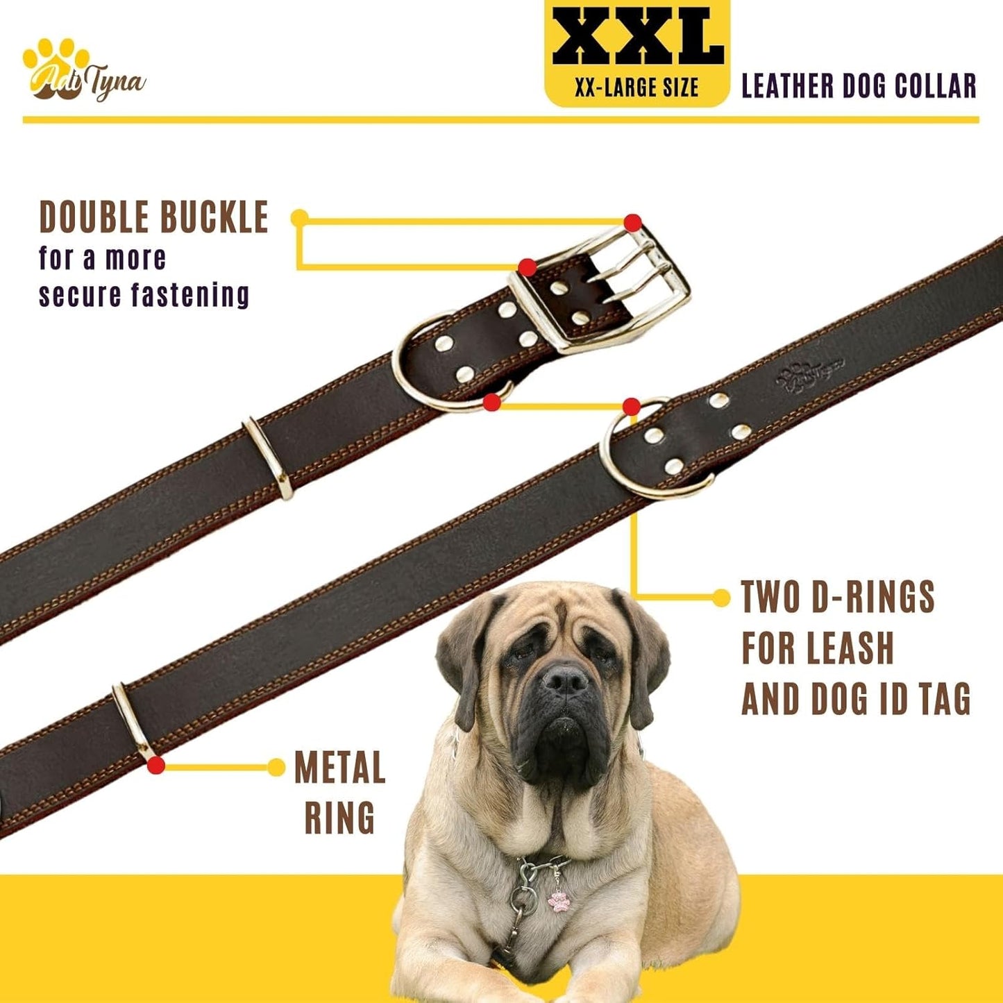 ADITYNA Heavy-Duty Leather Dog Collar for Medium Dogs - Soft and Strong, 100% Genuine Leather - Collier Pour Chien (Medium: Fit 13" - 20" Neck, Brown)