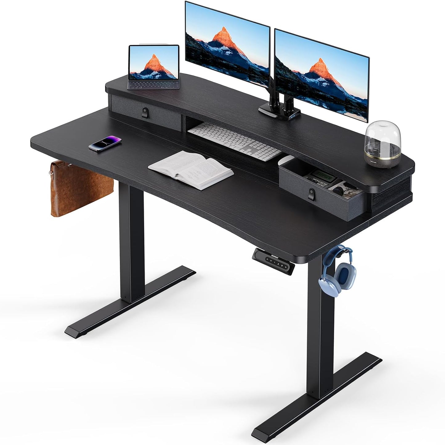 HUANUO 60″ x 30″ Electric Standing Desk with 2 Drawers, C-Clamp Mount Compatible, Height Adjustable Computer Desk, Home Office Stand Up Desk with 4 Preset Heights & 2 Hooks, Vintage Brown