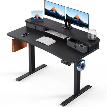 HUANUO 60″ x 30″ Electric Standing Desk with 2 Drawers, C-Clamp Mount Compatible, Height Adjustable Computer Desk, Home Office Stand Up Desk with 4 Preset Heights & 2 Hooks, Vintage Brown