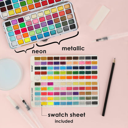 Grabie 100 Color Watercolor Paint Set with Water Brush Pens | Water Brush Pens Included, Portable Carrying Case, High Pigment Paints, Smooth Blending, Travel Painting