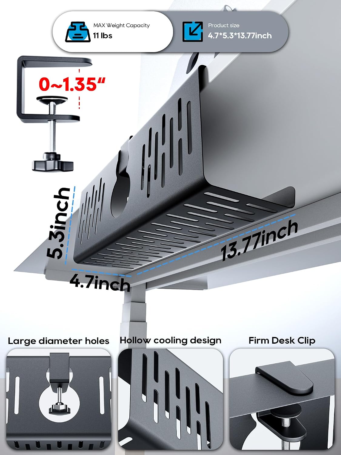 NODOCA No Drill Under Desk Cable Management Tray, 35cm Wire Management, Punch-Free Clamp on, Newest Metal Cable Tray, Wire Organizer Under Desk, Under Desk Basket for Office and Home, Black