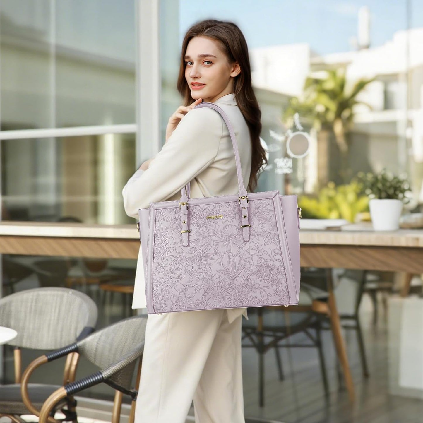 MOSISO Laptop Bag for Women, 17-17.3 inch PU Leathe Tote Bag Compatible with MacBook, HP, Dell, Asus Notebook, Front Embossed Retro Hibiscus Computer Bag with Silk Scarf&Clutch Purse, Gray - PuriLite