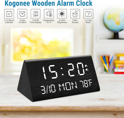 Kogonee Wooden Digital Alarm Clock, 0-100% Dimmer, 2 Alarm Settings, Weekday/Everyday Mode, 9 Mins Snooze, 12/24H, Temperature and Date Display for Office, Travel, Bedroom Alarm Clock (White)