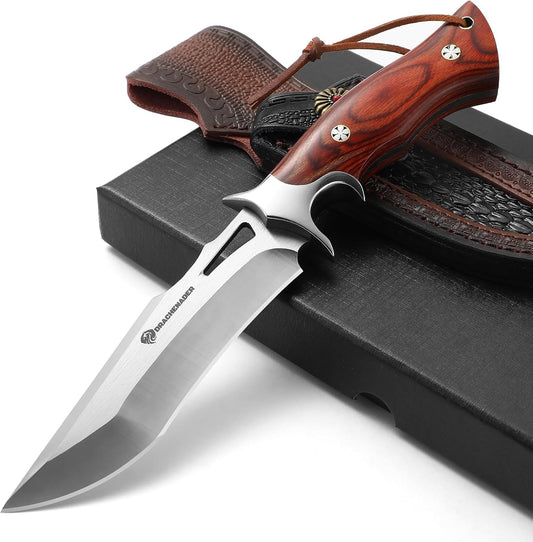 DRACHENADER Fixed Blade Knife with Leather Sheath, Full Tang Survival Knife, M390 Steel Hunting and Camping Outdoor Survival and Bushcraft