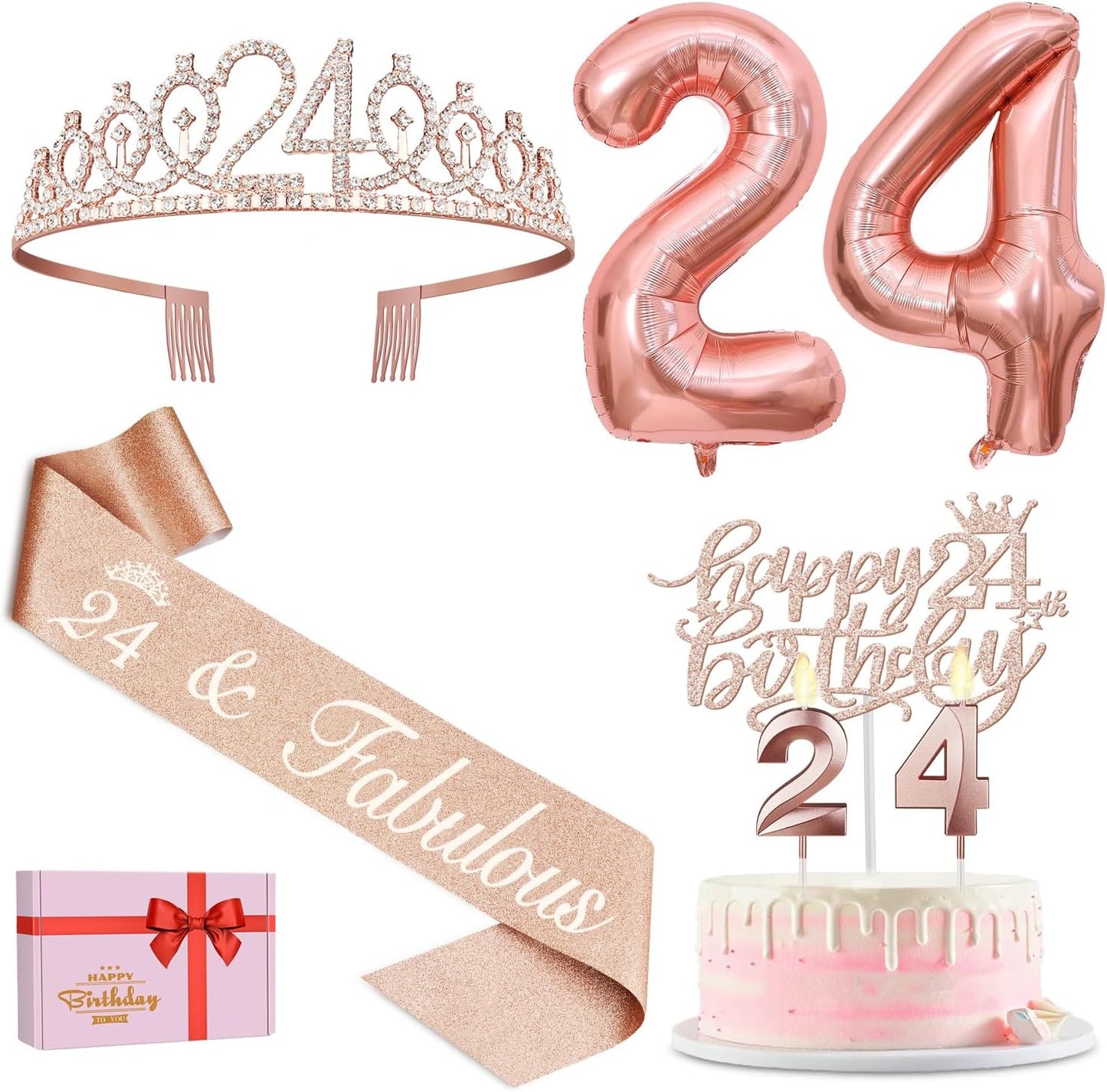 65th Birthday Decorations for Women, Including 65th Birthday Sash and Crown, Cake Topper and Candles, Number Balloons Rose Gold, 65 Year Old Gifts for Women
