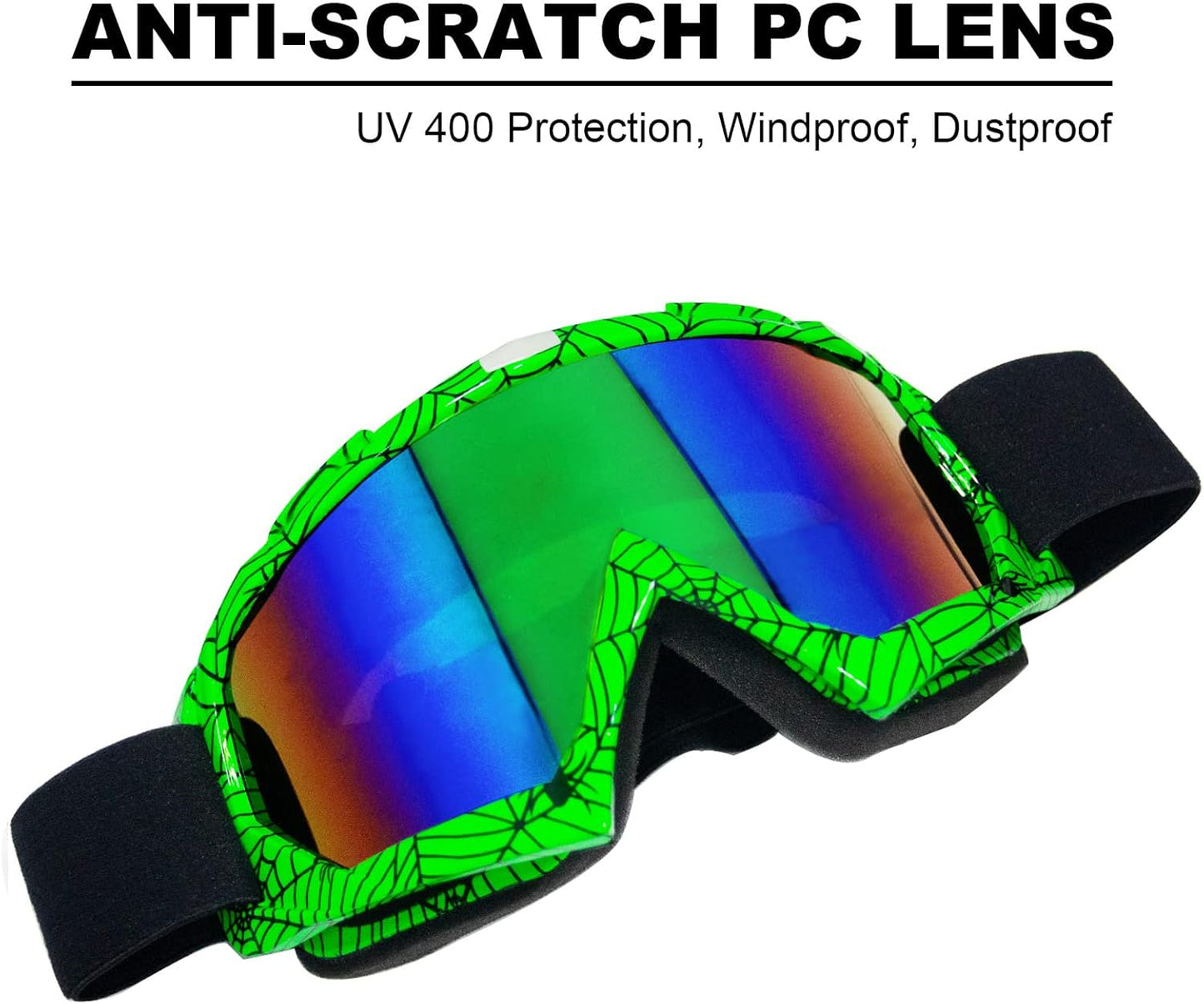 CoPvner Dirt Bike Motorcycle Goggles ATV Motocross Riding Goggles UV400 OTG Offroad MX Helmet Racing Four Wheeler Goggle for Adults Men Women Youth Kids(Spider green frame+color lens)