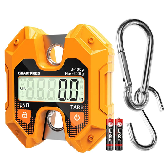 GRAM PRES Digital Hanging Scale 660LB/300KG,Handheld Mini Crane Scale,Deer Hunting Scales,Digital Scale with Hooks for Farm，Fishing, Fish, Meat，Game,Luggage，Outdoor.
