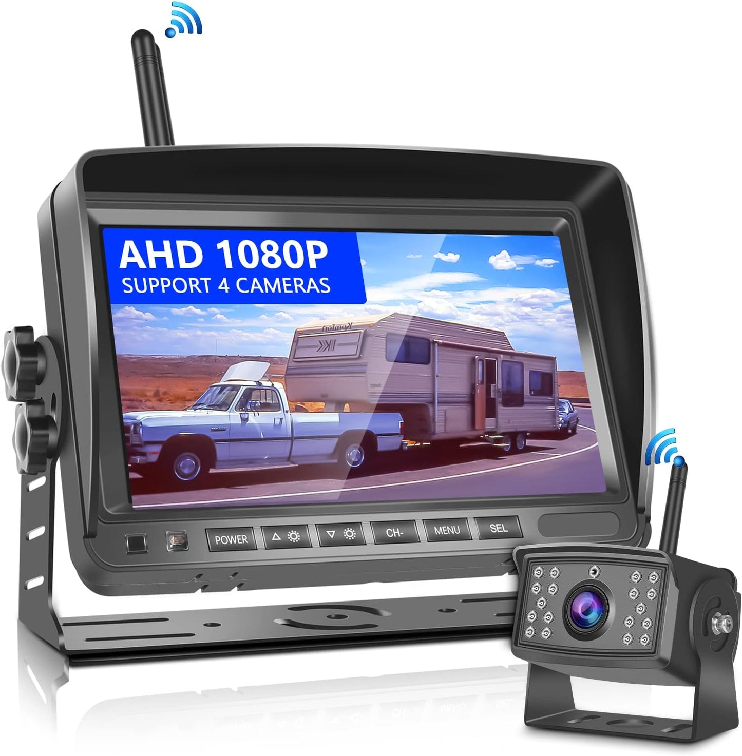 RV Wireless Backup Camera Podofo 7 inch Monitor AHD Waterproof Night Vision Trailer Rear View Camera DVR Dash Split Screen 4 Channels for Travel Trailer Truck Camper Bus Van Pickup with 32G Card