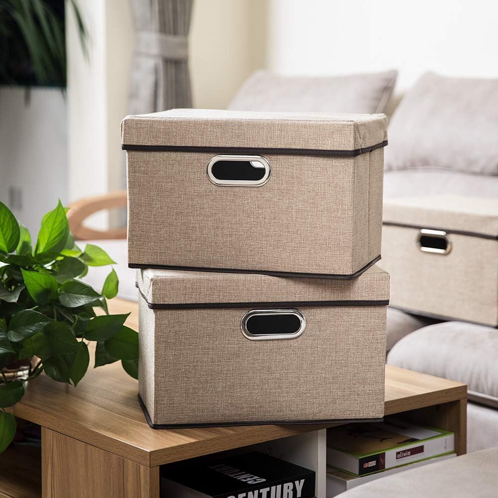 PRANDOM Large Foldable Storage Bin with Lid [1-Pack] Linen Fabric Decorative Storage Box Organizer Containers Basket Cube with Handles Divider for Bedroom Closet Office Living Room (17.7x11.8x11.8")