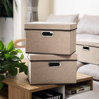 PRANDOM Large Foldable Storage Bin with Lid [1-Pack] Linen Fabric Decorative Storage Box Organizer Containers Basket Cube with Handles Divider for Bedroom Closet Office Living Room (17.7x11.8x11.8")