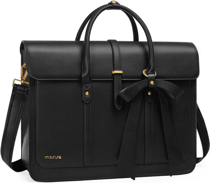MOSISO Laptop Bag for Women, PU Leather Laptop Shoulder Bag Convertible Backpack, Work Travel Computer Bag with Bowknot - PuriLite