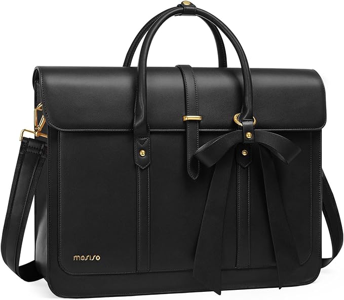 MOSISO Laptop Bag for Women, PU Leather Laptop Shoulder Bag Convertible Backpack, Work Travel Computer Bag with Bowknot - PuriLite