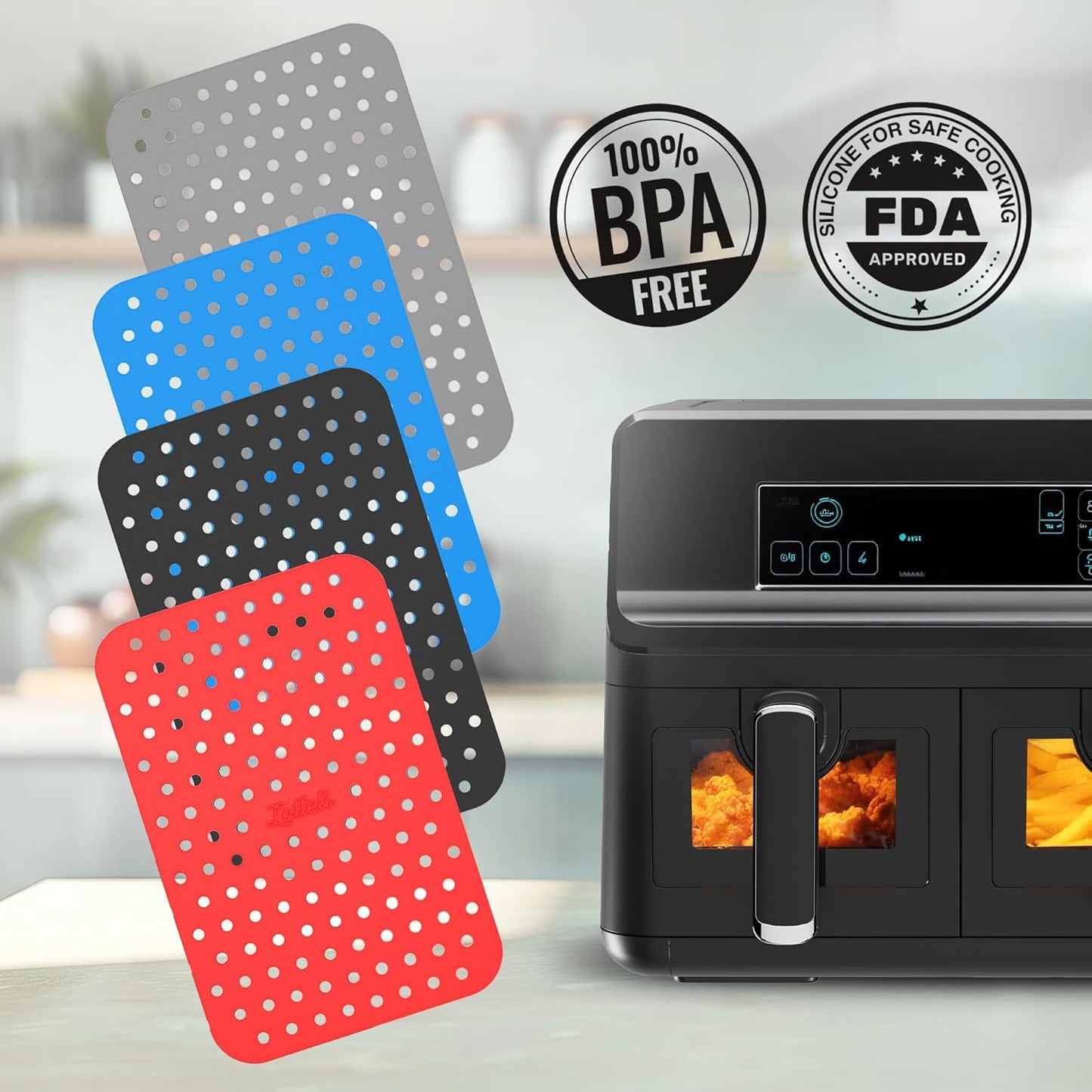 Collapsible Silicone Air Fryer Basket Liners Pot - AirFryer Liners Reusable Bowls for 5 Quart or Bigger - Air Fryer Accessories 2 Pack - Round Silicone Liners (Red & Black)