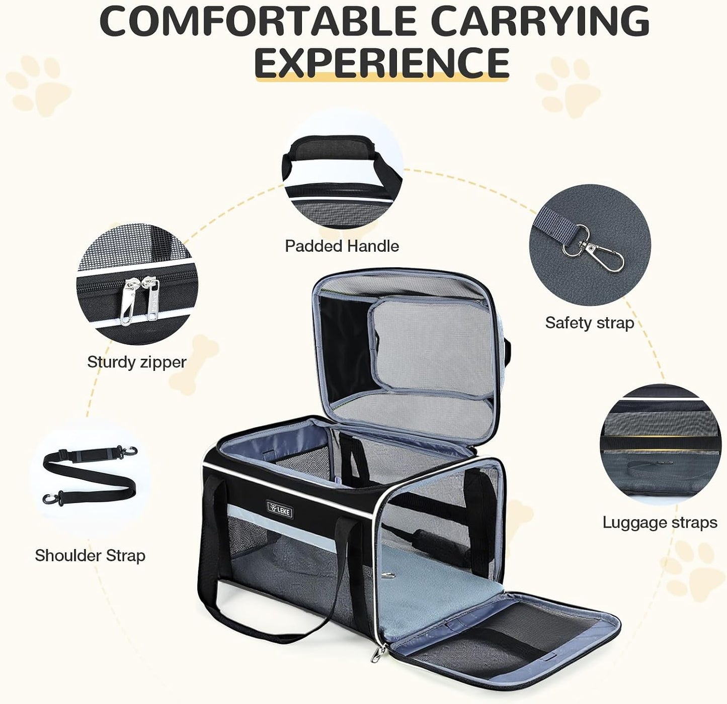 Lekereise Airline Approved Pet Carrier, Top-Expandable and Soft Sided Travel Cat Carrier for Small Cats & Dogs Up to 12lbs, 17x11x9.5 Inch, Black