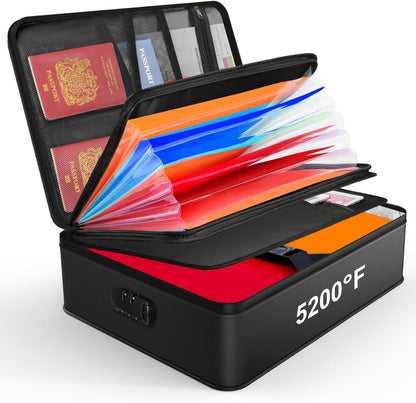 Fireproof Document Organizer Box with 5200℉ Protection, Portable A4 File Storage Safe with Accordion Pockets and Combination Lock, Waterproof Zipper (Large, Black) - PuriLite