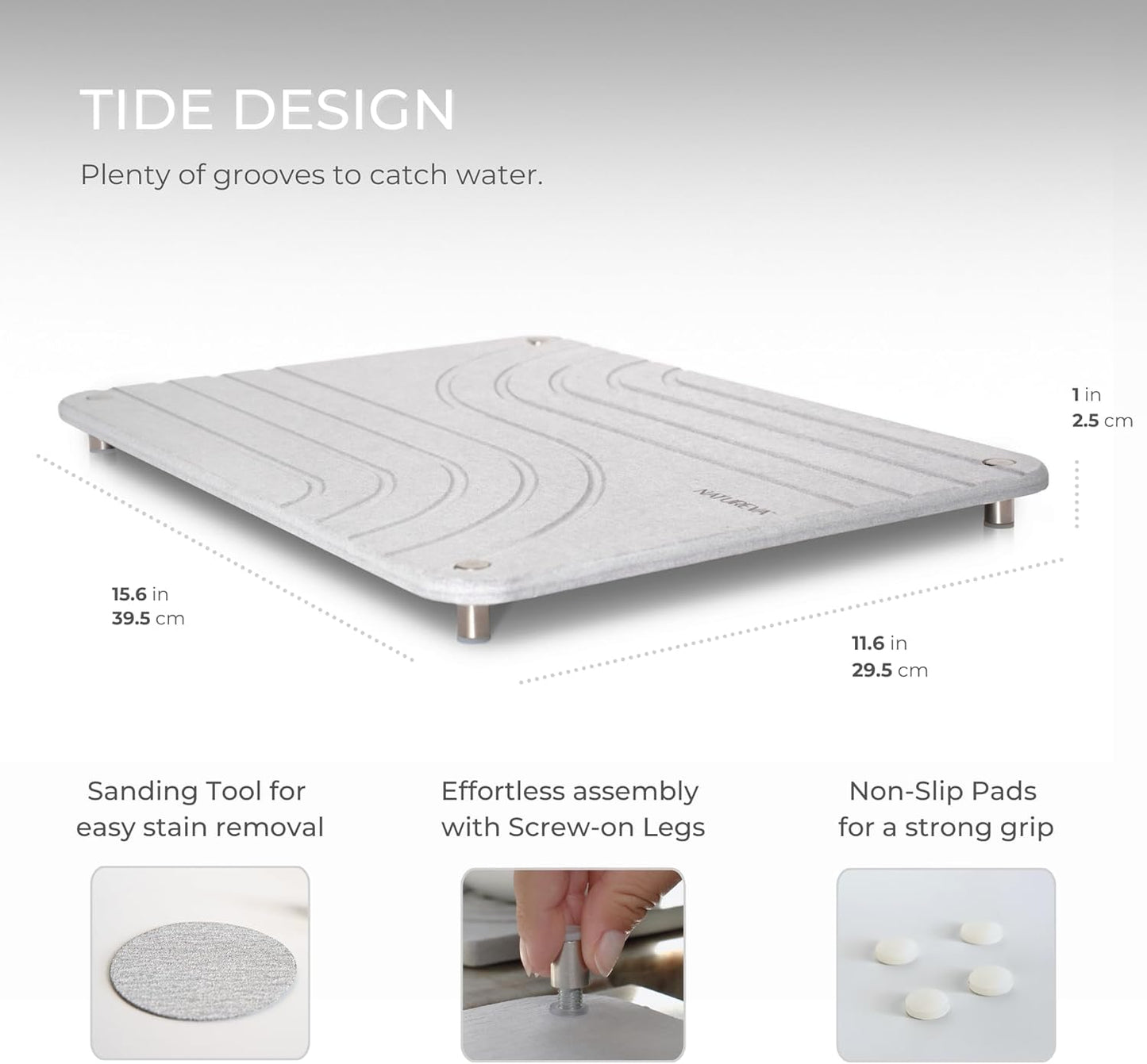 Natureva Home - Stone Dish Drying Mat | Super Absorbent, Quick Dry | Diatomite Mats for Kitchen Counter | Made of Natural Diatomaceous Earth | Absorbing Water Instantly | Design Tide | Colour Graphite