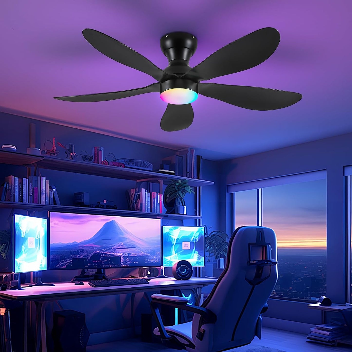 Modern Ceiling Fans with Lights Remote/APP Control, 29" Flush Mount Ceiling Fans with 3 CCT Dimmable Lights, Low Profile Ceiling Fans with 5 Propeller Blades LED Lights for Kids Room Bedroom, Brown - PuriLite