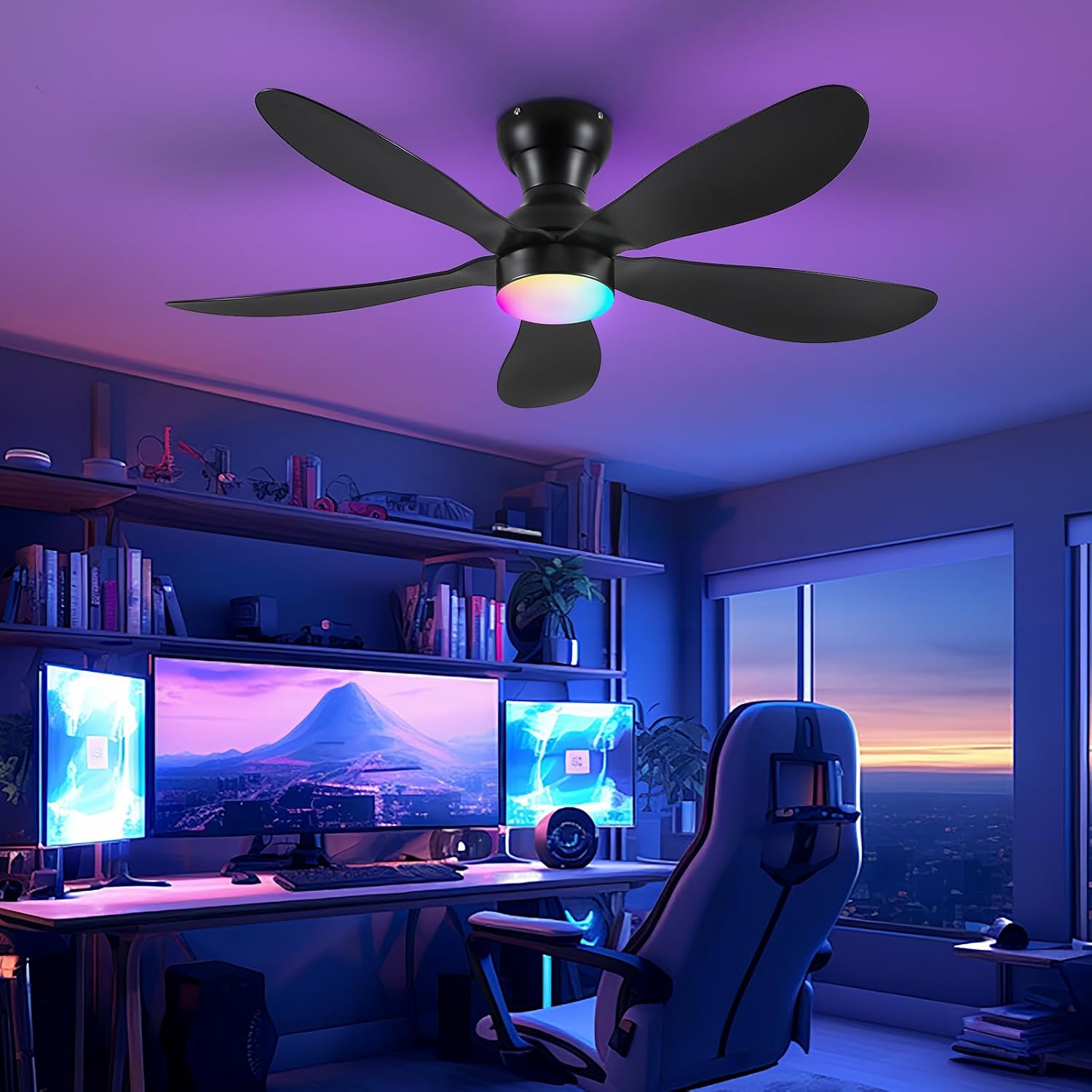 Modern Ceiling Fans with Lights Remote/APP Control, 29" Flush Mount Ceiling Fans with 3 CCT Dimmable Lights, Low Profile Ceiling Fans with 5 Propeller Blades LED Lights for Kids Room Bedroom, Brown - PuriLite