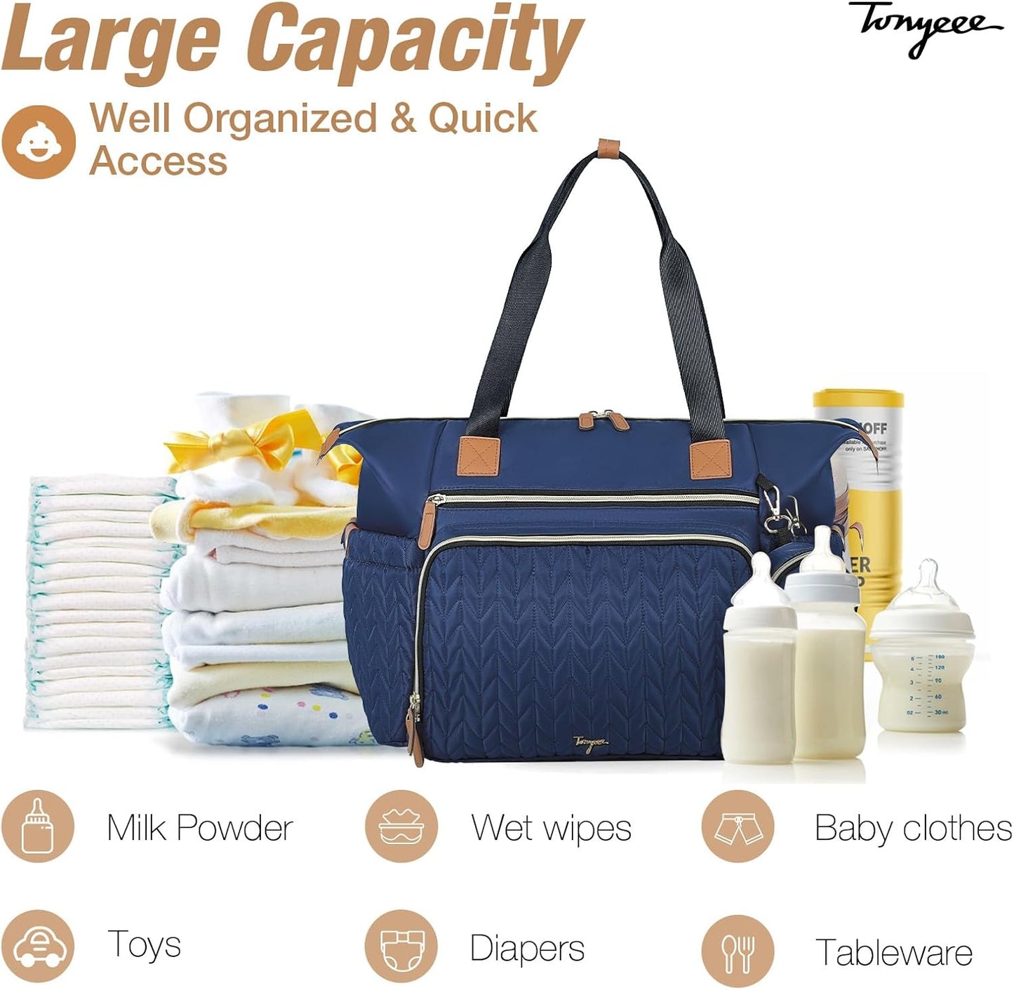 Lekeinchi Baby Diaper Bag, Multifunctional Travel Diaper Bag Tote with Changing Pad and Pacifier Case for Mom
