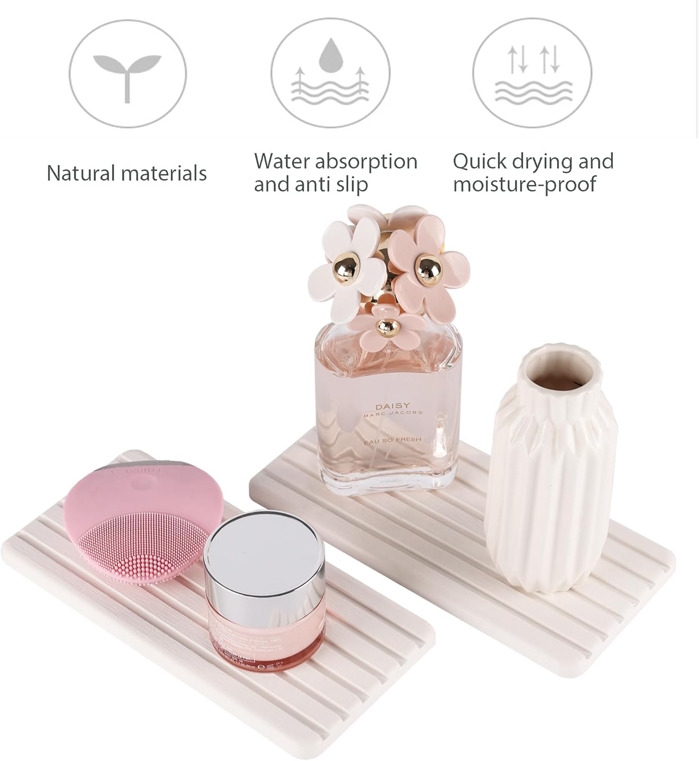 Diatomite Water Absorbent Coasters Set of 2, Rectangular Quick-Drying Stone Trays with Grooved Design for Soap, Plants, Toiletries, and Countertops - PuriLite