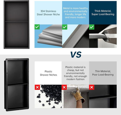 BLYLUND Shower Niche 12" x 24" NO Tile Needed,Matte Black Double Shelf Organizer, Square Corners Wall-Inserted Niche Recessed Shower Shelf Modern Soap Niche for Bathroom