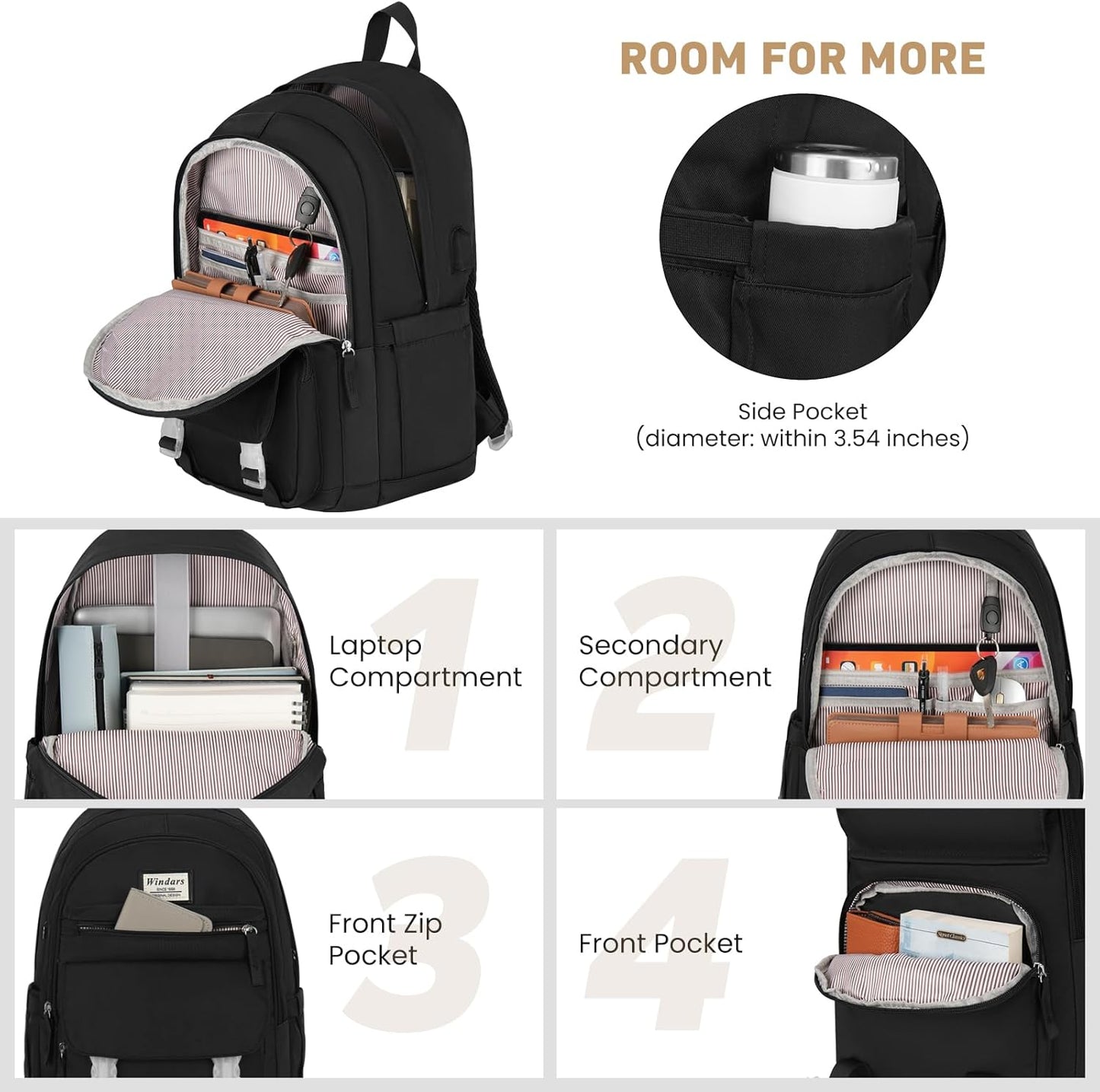 WINDARS School Backpack for Teen Girls, Cute College Backpacks for Women Students Aesthetic Bookbag Large 15.6 Inch Laptop Bag Middle School Travel Back Pack (Khaki Beige)