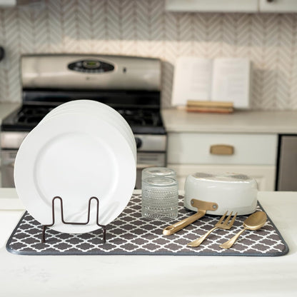 S&T INC. Absorbent, Reversible XL Microfiber Dish Drying Mat for Kitchen, 18 Inch x 24 Inch, Pewter Gray Trellis