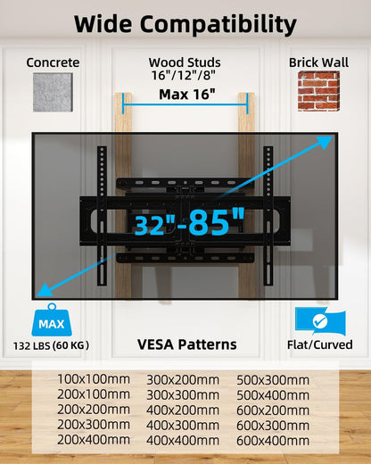 HOME VISION Full Motion TV Wall Mount for Most 32-85 inch TVs up to132 lbs, TV Mount Swivel and Tilt with Dual Articulating Arms, Wall Mount TV Bracket Max VESA 600x400mm, Fits 8" 12" 16" Wood Studs