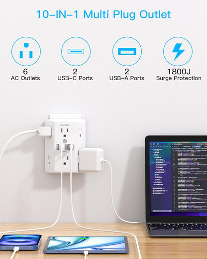 Wall Outlet Extender Surge Protector with 6 AC Outlets and 4 USB Ports, 3-Sided Multi Plug Wall Adapter with USB-C, 1800J Power Strip for Home, Office, and Dorm Room - PuriLite