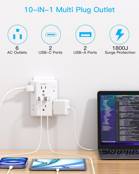 Wall Outlet Extender Surge Protector with 6 AC Outlets and 4 USB Ports, 3-Sided Multi Plug Wall Adapter with USB-C, 1800J Power Strip for Home, Office, and Dorm Room - PuriLite