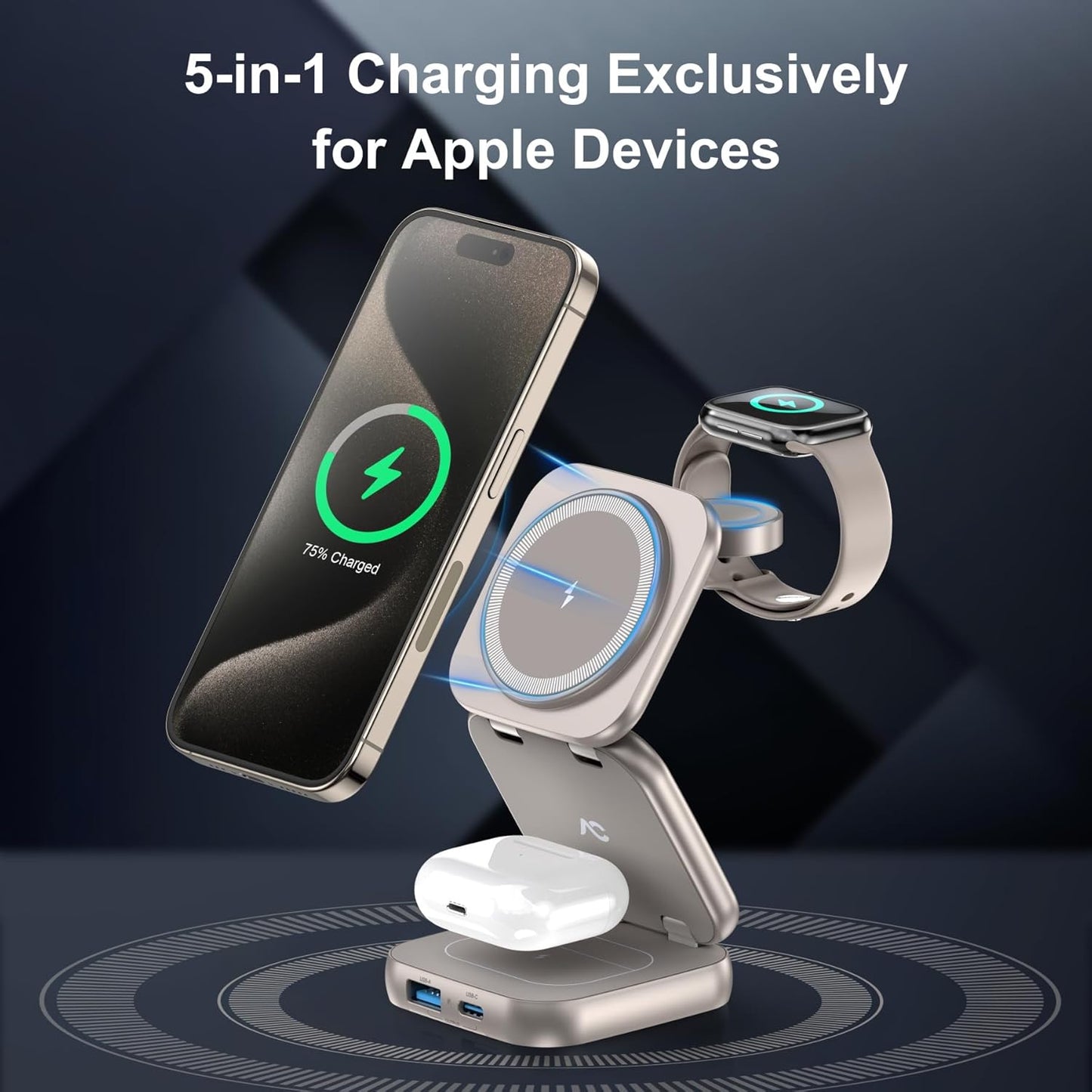 5-in-1 Wireless Charger for Magsafe, AC ISLAND Aluminum Travel Charging Station for Apple, 15W Snap Magnetic Multi Charging Stand Dock for iPhone 16/15/14/13 Apple Watch AirPods (with 35W GaN Adapter)
