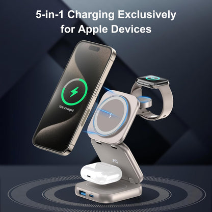 5-in-1 Wireless Charger for Magsafe, AC ISLAND Aluminum Travel Charging Station for Apple, 15W Snap Magnetic Multi Charging Stand Dock for iPhone 16/15/14/13 Apple Watch AirPods (with 35W GaN Adapter)