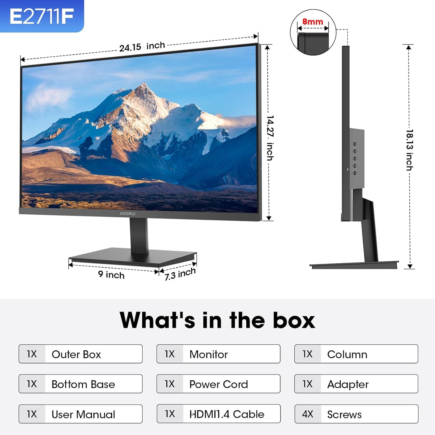KOORUI 27 inch Gaming Monitor, QHD (2560 x 1440) R1500 180Hz Curved Monitors, AdaptiveSync with 1ms, VESA Compatible, HDR10, 1 x Display Port 1.4 & 2 x HDMI 2.0, Eye Care 27E6QCA