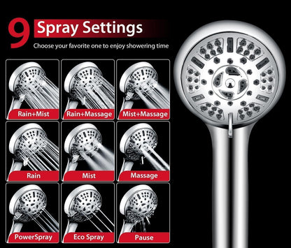 2.5 GPM High Pressure Shower Head: GRICH 8.7 Inch Black Shower Heads with Hand Held Spray 2-in-1 Combo, 9-Settings Handheld Shower Head & Adjustable Rain Shower Head with Hose 60'', Anti-Clog Nozzles