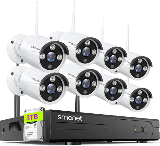 Wireless Security Camera System,SMONET 1080P 8 Channel Home Surveillance DVR Kits with 8pcs 2MP Full HD Cameras 3TB HDD Night Vision Motion Detection Free App for Indoor Outdoor 24/7 Video Recording