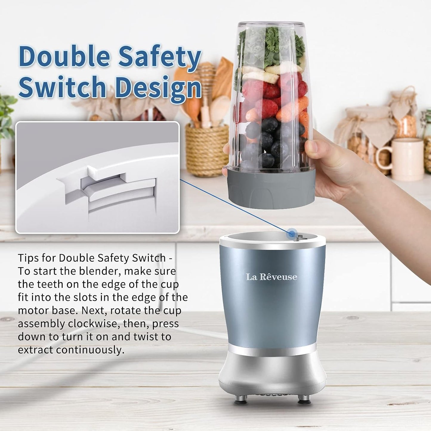 La Reveuse Personal Size Blender 250 Watts Power for Shakes Smoothies Seasonings Sauces with 1 Piece 15 oz Cup,1 Piece 10 oz Mug,BPA Free (Black)