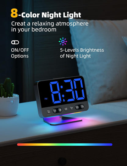 Odokee Digital Alarm Clocks for Bedrooms: Large Bold Number 5 Brightness Dimmer - Easy to Read Across The Room - 5 Alarm Sound 8 Night Light - Silver