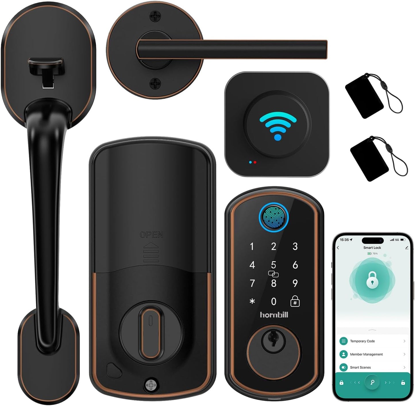 Hornbill Smart WiFi Front Door Lock: Keyless Entry Fingerprint Deadbolt - Alexa Bluetooth Electronic Keypad Door Locks for House Apartment Auto Lock Smart Life APP Remote Control - Black