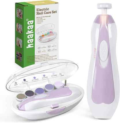 haakaa Baby Nail Trimmer Electric Safe Baby Nail Clippers Baby Nail File Kit Manicure Set, Trim Polish Grooming kit for Newborn Toddler or Adults Toes Fingernails, 6 Grinding Heads and LED Light
