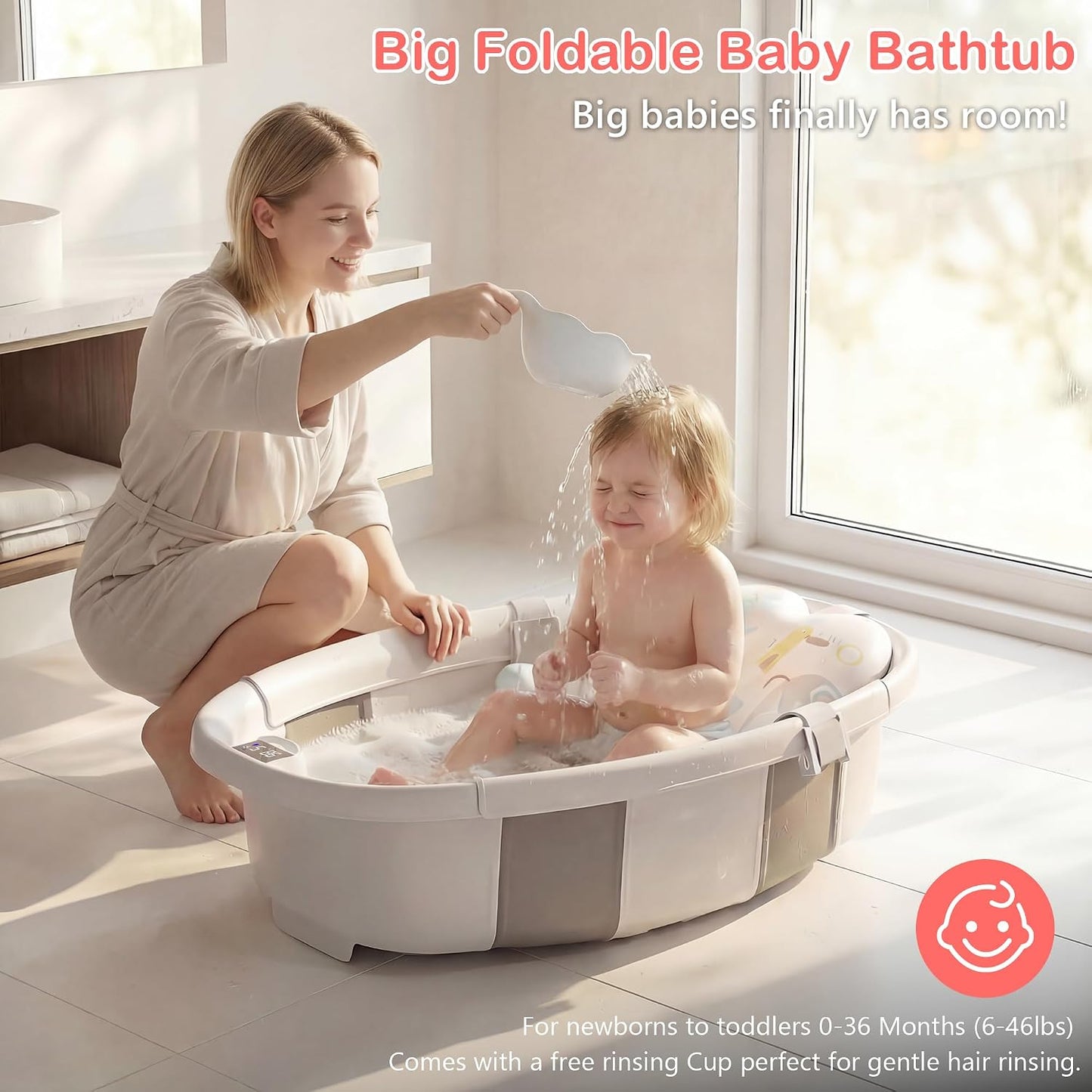 Collapsible Baby Bathtub - Large Baby Bath Tub with Thermometer | Bath Essential Bañera para Bebe Easy Fold Baby Tub | Travel Infant Newborn Toddler Bathtub for Baby Girl Boy 0 to 36 Months (Grey)