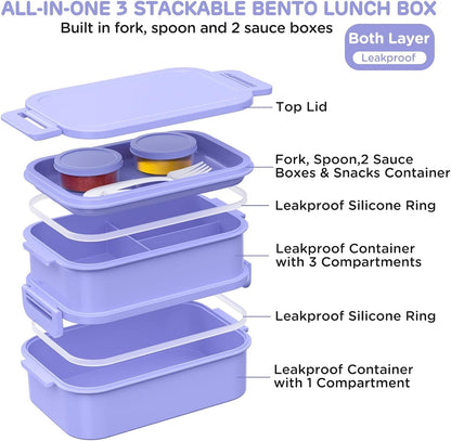 JSCARES Lunch Box Adults Bento Box - All-in-One Stackable 74 OZ Lunch Box Containers for Adult Large Bento Box with Fork Spoon Sauce Boxes, Leakproof Lunchbox for Work School Dining Out (Green)