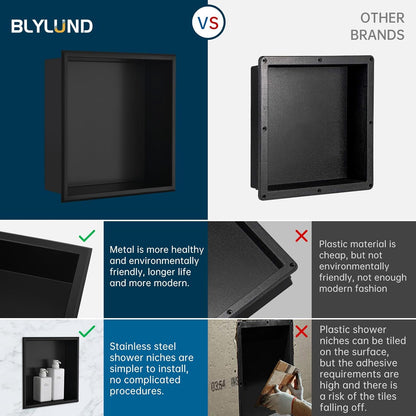 BLYLUND Shower Niche 12" x 24" NO Tile Needed,Matte Black Double Shelf Organizer, Square Corners Wall-Inserted Niche Recessed Shower Shelf Modern Soap Niche for Bathroom