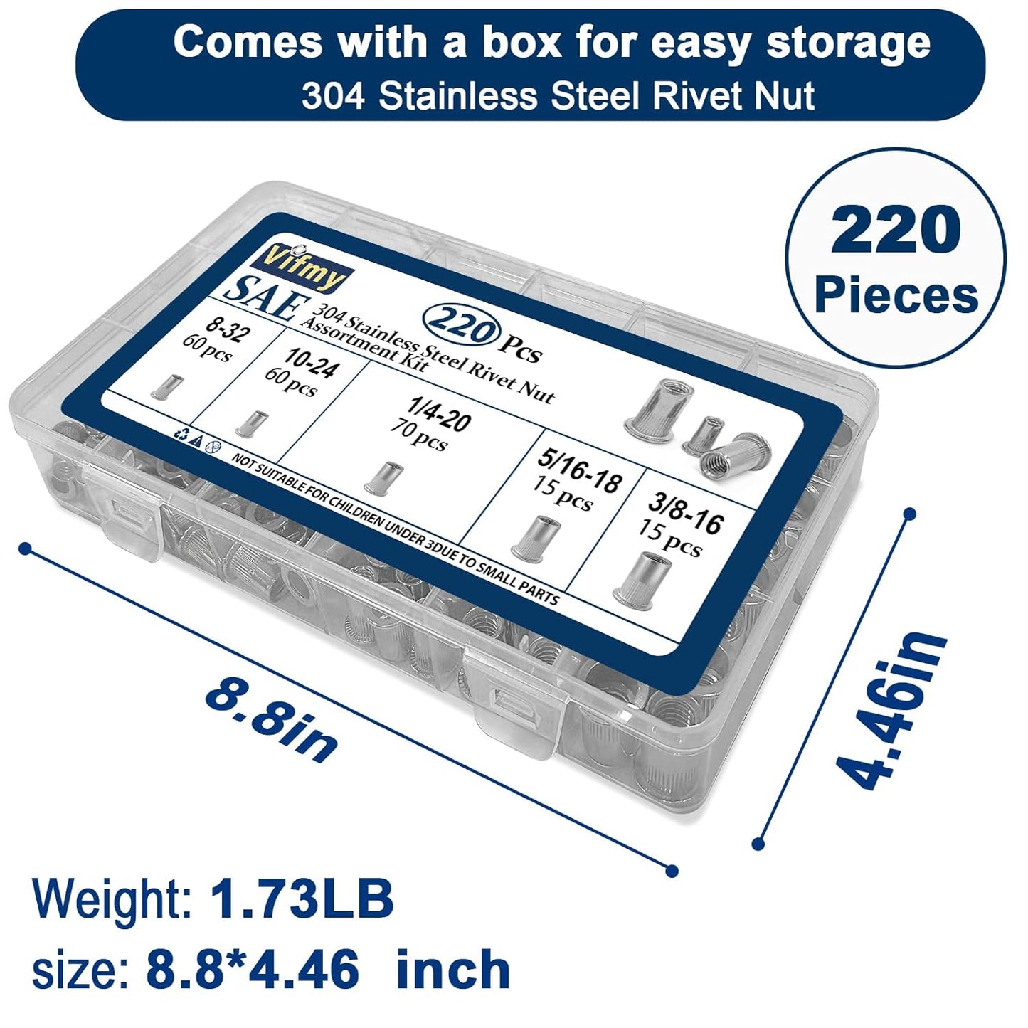 Vifmy Metric & SAE Rivet Nut Assortment Kit(420 Pcs),m3 m4 m5 m6 m8 m10 m12#6-32#8-32#10-24 1/4"-20 5/16"-18 3/8"-16 UNC Flat Head Rivnut Set,Zinc Plated Finish Carbon Steel Nutsert