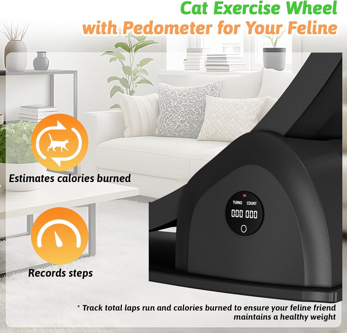 Cat Exercise Wheel with Pedometer, 44" Large Cat Running Treadmill with Carpeted Runway for Indoor Cats Up to 30 lbs, Small Animal Health & Fitness (No Electronics) (Black-Gray Carpet)