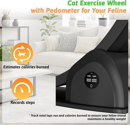 Cat Exercise Wheel with Pedometer, 44" Large Cat Running Treadmill with Carpeted Runway for Indoor Cats Up to 30 lbs, Small Animal Health & Fitness (No Electronics) (Black-Gray Carpet)