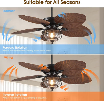 Wiviniya Ceiling Fans with Lights and Remote/APP Control, 44 Inch Tropical Palm Leaf Ceiling Fan with LED Lights, Outdoor Ceiling Fans for Patios Porch, Reversible Quiet Motor, Dimmable, Light Brown