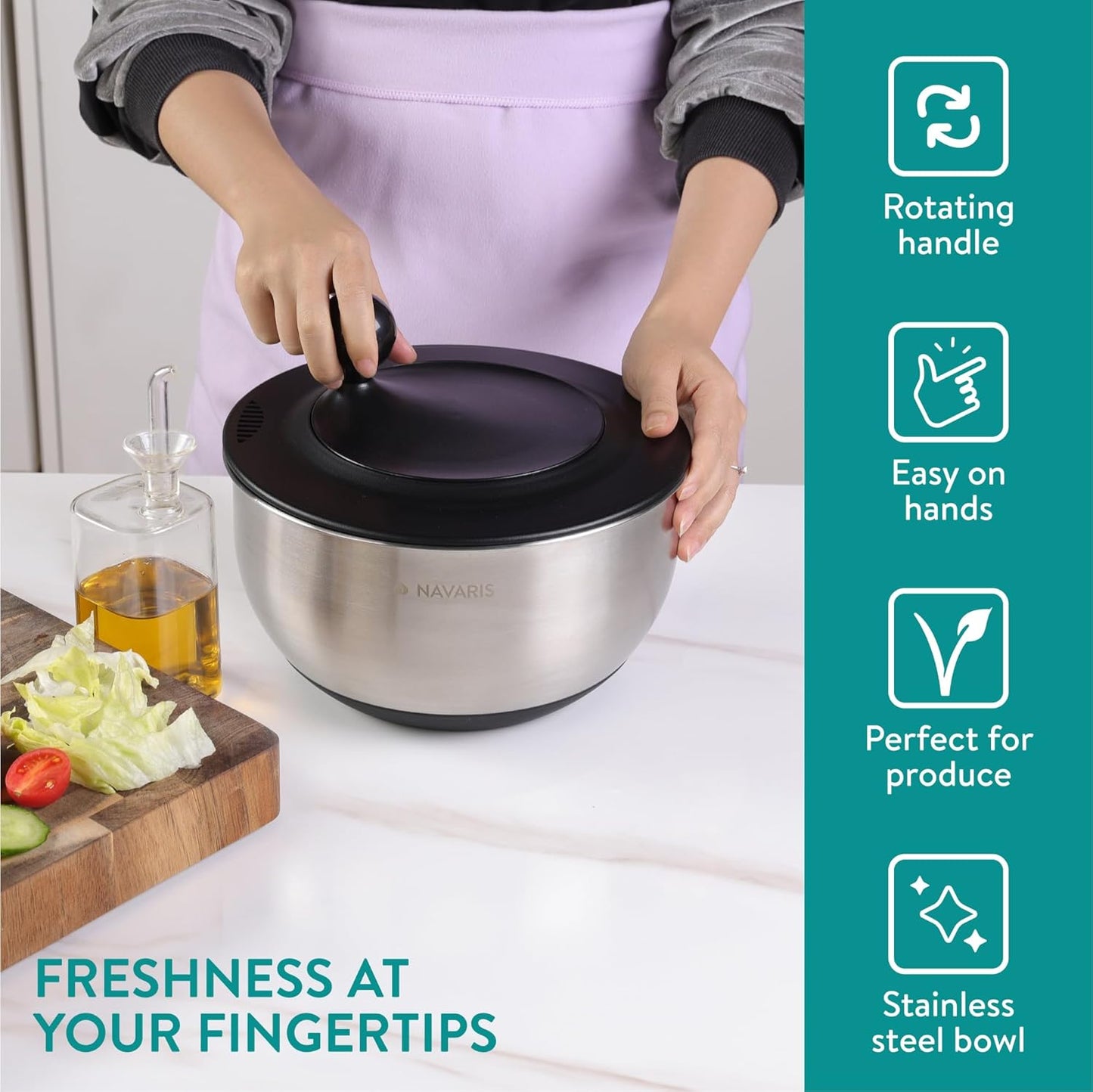 Navaris Salad Spinner with Lid - Salad Spinner Stainless Steel - Salad Dryer - Easy Washing, Drying and Spinning - Includes Grating and Slicing Discs