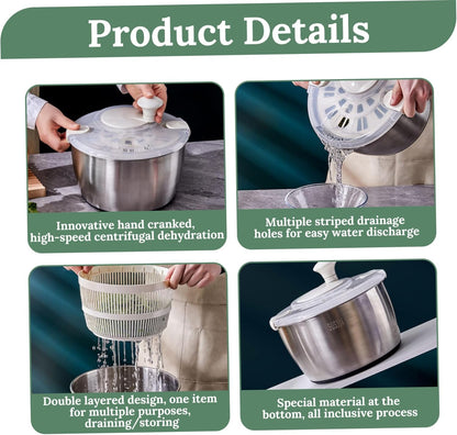 Salad Spinner 5L Dual Layer Stainless Steel & PP Lettuce Spinner with Lid & Rotating Handle Multi-Purpose Quick Dry Fruit and Vegetable Wash for Kitchen