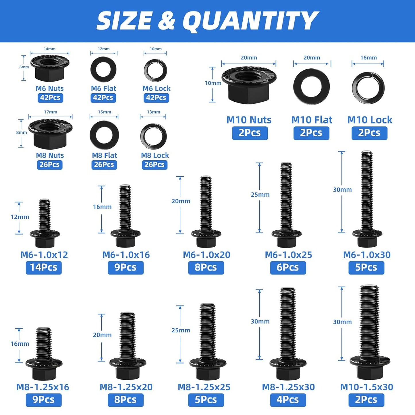 Besitu 280Pcs Metric Flange Bolt Assortment, M6x1.0, M8x1.25, M10x1.5 (12mm to 30mm) Assorted Hex Bolts and Nuts Washers Kit for Automotive, 10.9 Black Zinc Galvanized