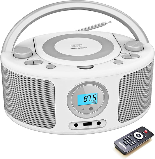 Portable CD Player Boombox with Bluetooth,FM Radio Stereo,USB MP3 Playback,CD-R/CD-RW/MP3-CD Compatible,3.5mm Headphone Jack, AC/Battery Powered, Programmable CD Player